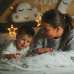 woman and her child reading a bedtime story